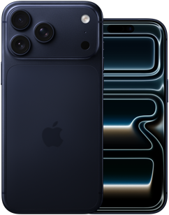 Side by side, iPhone 17 Pro Max, back exterior, Pro camera system, three lenses, microphone, flash, Deep Blue finish, iPhone 17 Pro, front exterior all screen design, Deep Blue finish