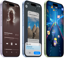 iPhone 17 devices, exterior front, exterior side, demonstrating Apple Music, Visual intelligence, gaming, buttons: Action button, volume