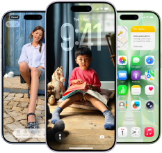 iPhone 17, exterior front, Dynamic Island centred near top, three colours: Mist Blue, Lavender, Sage