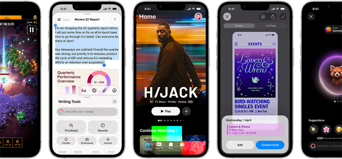 Side-by-side iPhone 17e devices showing different screens: a game being played, Writing Tools, Apple TV app, a calendar event being created, a Genmoji being created
