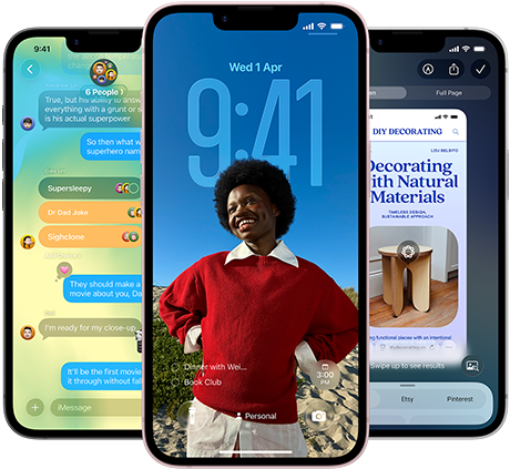 Three iPhone 17e devices, showing Messages app with Liquid Glass design, dynamic Lock Screen and Apple Intelligence in use