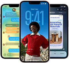 Three iPhone 17e devices, showing Messages app with Liquid Glass design, dynamic Lock Screen and Apple Intelligence in use