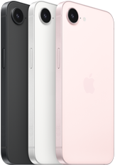 iPhone 17e, side and back exterior, black colour, side and back exterior, white colour, side and back exterior, soft pink colour, Fusion camera at top, side button