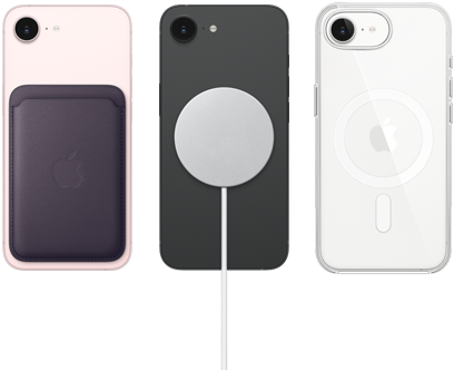 iPhone 17e in soft pink colour with FineWoven Wallet in midnight purple colour, iPhone 17e in black colour with Silicone Case in black colour and MagSafe Charger, iPhone 17e in white colour with Clear Case with MagSafe