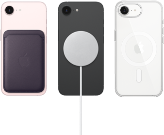 iPhone 17e in soft pink colour with FineWoven Wallet in midnight purple colour, iPhone 17e in black colour with Silicone Case in black colour and MagSafe Charger, iPhone 17e in white colour with Clear Case with MagSafe