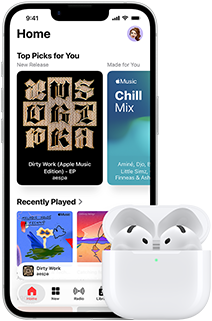 iPhone 17e, front exterior, Apple Music app with Home Screen open, next to AirPods Pro 3 in open MagSafe Charging case