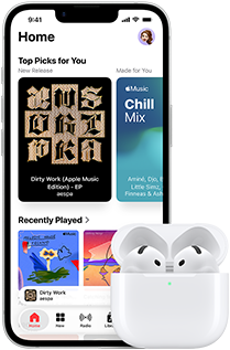 iPhone 17e, front exterior, Apple Music app with Home Screen open, next to AirPods Pro 3 in open MagSafe Charging case