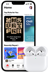 iPhone 17e, front exterior, Apple Music app with Home Screen open, next to AirPods Pro 3 in open MagSafe Charging case