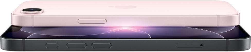 iPhone 17e, horizontal side and back exterior, soft pink colour, iPhone 17e, horizontal side and front exterior, black colour