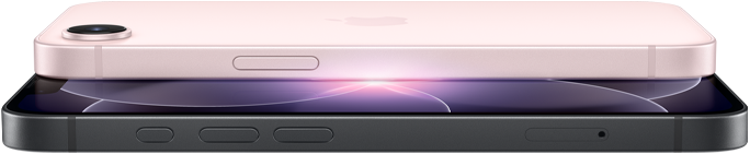 iPhone 17e, horizontal side and back exterior, soft pink colour, iPhone 17e, horizontal side and front exterior, black colour