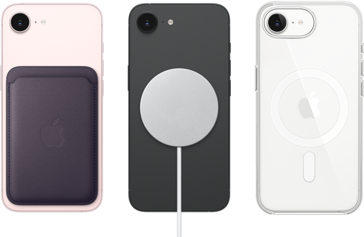iPhone 17e, back exterior, soft pink colour, FineWoven Wallet with MagSafe attached, iPhone 17e, back exterior, black colour, MagSafe Charger attached, iPhone 17e, back exterior, white colour, Clear Case with MagSafe attached
