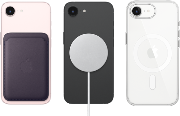 iPhone 17e, back exterior, soft pink colour, FineWoven Wallet with MagSafe attached, iPhone 17e, back exterior, black colour, MagSafe Charger attached, iPhone 17e, back exterior, white colour, Clear Case with MagSafe attached