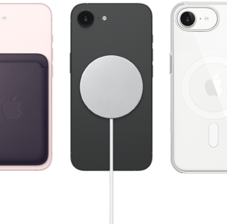 iPhone 17e, back exterior, soft pink colour, FineWoven Wallet with MagSafe attached, iPhone 17e, back exterior, black colour, MagSafe Charger attached, iPhone 17e, back exterior, white colour, Clear Case with MagSafe attached