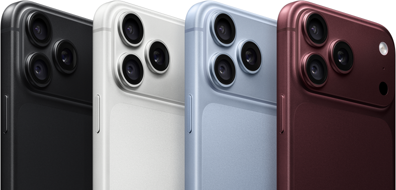 iPhone 18 Pro devices in a row, back exterior, all four colours: Black, Glacier, Silver, Burgundy, Pro Fusion camera system in top left corner, three lenses, microphone, flash