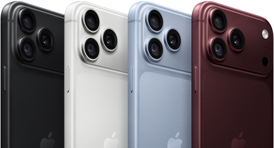 iPhone 18 Pro devices in a row, back exterior, all four colours: Black, Glacier, Silver, Burgundy, Pro Fusion camera system in top left corner, three lenses, microphone, flash