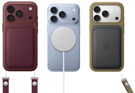 From left to right, iPhone 18 Pro in Burgundy leather case with Burgundy Crossbody strap, middle iPhone 18 Pro in Glacier with White MagSafe charger attached, right iPhone 18 Pro in Silver in green leather wallet case with wrist strap