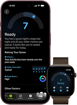iPhone 18 Pro, black, front exterior, displaying the results of the Readiness status (score of 7), paired with Apple Watch, front facing, brown, displaying the same Readiness score of 7
