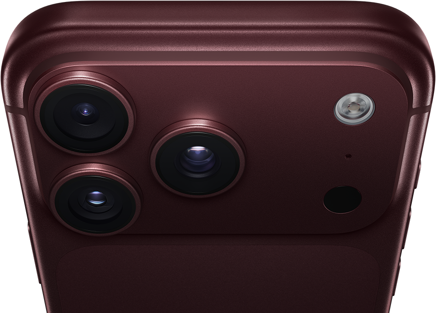 iPhone 18 Pro Max, burgundy colour (dark red), back exterior, Pro Fusion camera system at top, three lenses, variable aperture blades partially closed, flash, microphone and LiDAR Scanner, top exterior, mobile antenna, flat sides, rounded edges