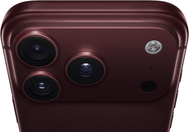 iPhone 18 Pro Max, burgundy colour (dark red), back exterior, Pro Fusion camera system at top, three lenses, variable aperture blades partially closed, flash, microphone and LiDAR Scanner, top exterior, mobile antenna, flat sides, rounded edges