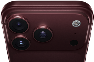 iPhone 18 Pro Max, burgundy colour (dark red), back exterior, Pro Fusion camera system at top, three lenses, variable aperture blades partially closed, flash, microphone and LiDAR Scanner, top exterior, mobile antenna, flat sides, rounded edges