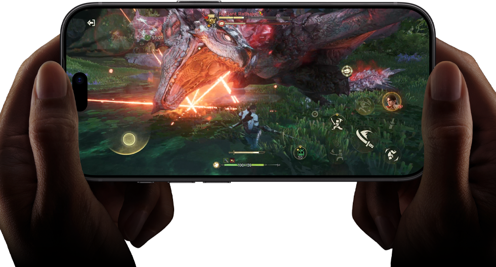 iPhone 18 Pro, front exterior, demonstrating the performance capabilities of the A20 Pro chip with a scene from the Monster Hunter Outlanders