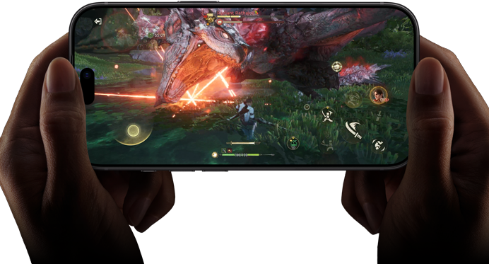 iPhone 18 Pro, front exterior, demonstrating the performance capabilities of the A20 Pro chip with a scene from the Monster Hunter Outlanders