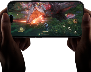 iPhone 18 Pro, front exterior, demonstrating the performance capabilities of the A20 Pro chip with a scene from the Monster Hunter Outlanders