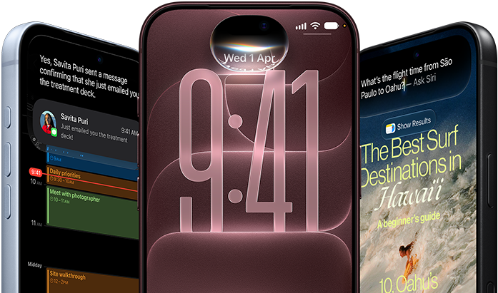 3 iPhone 18 Pro devices in Glacier, Burgundy and Black, front exterior, screens show Siri AI integration in lock screen, Message Summary and Ask Siri