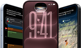3 iPhone 18 Pro devices in Glacier, Burgundy and Black, front exterior, screens show Siri AI integration in lock screen, Message Summary and Ask Siri