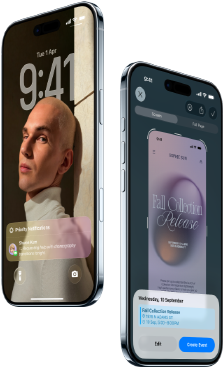 Two iPhone Air devices, front exterior, side exterior, thin profile, Lock Screen, visual intelligence feature in use