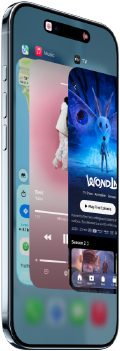 iPhone Air, front exterior, side exterior, thin profile, Dynamic Island centred near top, App Switcher feature in use, buttons: Action, volume