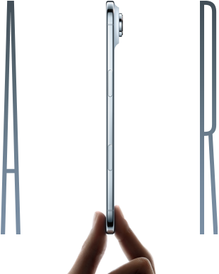 A thumb and forefinger holding iPhone Air, side exterior, Sky Blue colour, very thin profile, Fusion camera system, buttons: side, Camera Control