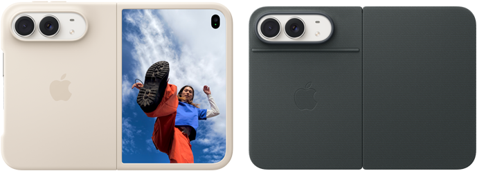 iPhone Duo, Star White colour in Sand Silicone Case, landscape orientation, fully opened horizontally, Dual Fusion cameras on the top left, case covers the back exterior and outer edge of the front display, right side features portrait of person on outer display. iPhone iPhone Duo, Star White colour in Navy Blue Folio, back exterior featuring the 48MP Dual Fusion rear cameras, two lenses