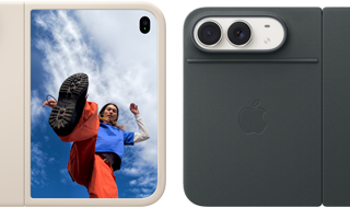iPhone Duo, Star White colour in Sand Silicone Case, landscape orientation, fully opened horizontally, Dual Fusion cameras on the top left, case covers the back exterior and outer edge of the front display, right side features portrait of person on outer display. iPhone iPhone Duo, Star White colour in Navy Blue Folio, back exterior featuring the 48MP Dual Fusion rear cameras, two lenses