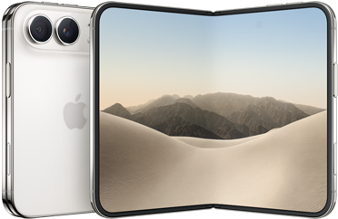 iPhone [V68], folded back exterior, [L8] colour, Dual Fusion camera system at top left, Apple logo in centre. Unfolded interior display, all-screen design, rounded corners