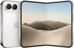 iPhone [V68], folded back exterior, [L8] colour, Dual Fusion camera system at top left, Apple logo in centre. Unfolded interior display, all-screen design, rounded corners