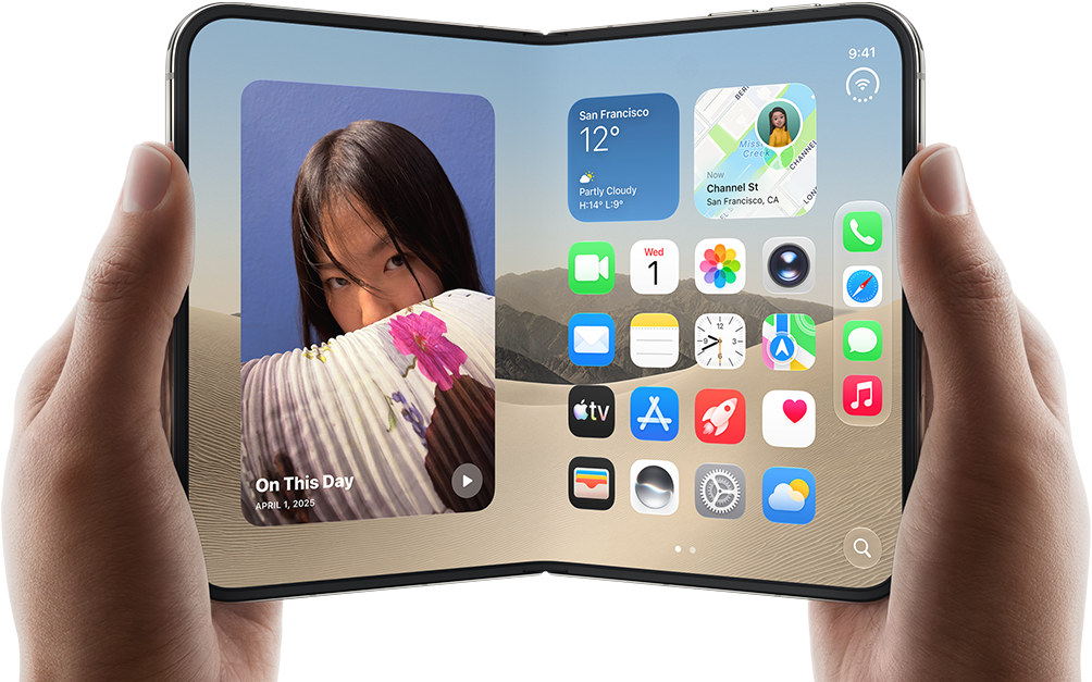 iPhone [V68], [L8] colour, held by two hands in landscape orientation, unfolded, interior screen displays photos on the left, apps on the right