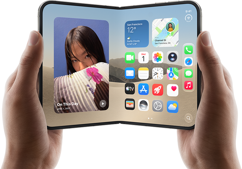 iPhone [V68], [L8] colour, held by two hands in landscape orientation, unfolded, interior screen displays photos on the left, apps on the right