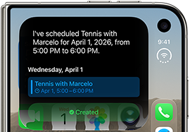 iPhone Duo, folded, outer display shows Siri AI notification indicating a calendar update