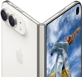 iPhone Duo, partially open like a book with hinge mechanism in the centre, exterior back panel on the left features an Apple logo and dual-camera, outer display on the right shows a portrait photo of a person with blonde hair