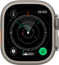 Apple Watch Ultra 4, titanium case, natural colour, Backtrack showing route with compass directions, right side exterior, Digital Crown, raised side button
