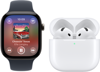 Apple Watch Series 12, aluminium case, black colour, black Sport Band, Apple Music app open, paired with AirPods 4