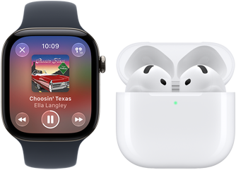 Apple Watch Series 12, aluminium case, black colour, black Sport Band, Apple Music app open, paired with AirPods 4