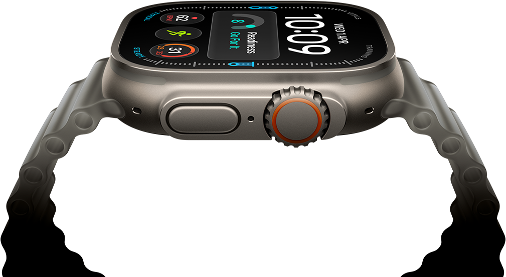 Apple Watch Ultra 4, titanium case, natural colour, digital clock face, complications: readiness, heart rate, Workouts, temperature, right side exterior, Digital Crown, raised side button, Ocean Band, translucent grey colour