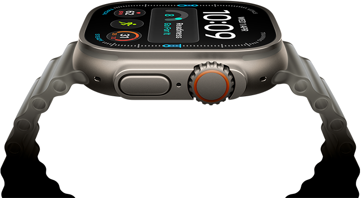 Apple Watch Ultra 4, titanium case, natural colour, digital clock face, complications: readiness, heart rate, Workouts, temperature, right side exterior, Digital Crown, raised side button, Ocean Band, translucent grey colour