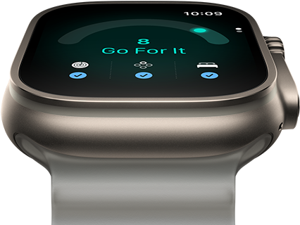Apple Watch Ultra 4, titanium case, natural colour, readiness score of 8, right side exterior, Digital Crown, raised side button, Ocean Band, translucent grey colour