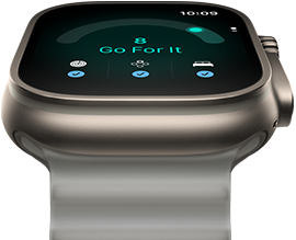 Apple Watch Ultra 4, titanium case, natural colour, readiness score of 8, right side exterior, Digital Crown, raised side button, Ocean Band, translucent grey colour