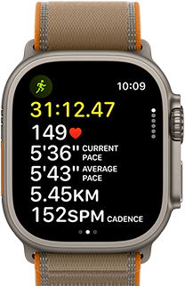 Apple Watch Ultra 4, titanium case, natural colour, advanced Outdoor Run workout metrics, right side exterior, Digital Crown, raised side button, Trail Loop strap, sand colour