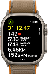 Apple Watch Ultra 4, titanium case, natural colour, advanced Outdoor Run workout metrics, right side exterior, Digital Crown, raised side button, Trail Loop strap, sand colour