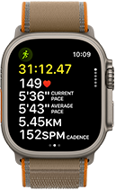 Apple Watch Ultra 4, titanium case, natural colour, advanced Outdoor Run workout metrics, right side exterior, Digital Crown, raised side button, Trail Loop strap, sand colour